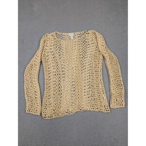 Chico's Sweater Womens 1 Beige Open Knit Crochet Pullover Long Sleeve Boho Top